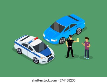 Isometric police fines car design flat isolated. 3D fine car, police officer traffic, policeman person fines, 3d transportation driver fines,  fines transport, sheriff fines guy security and violation