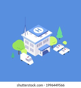 Isometric police office building flat illustration. Police yard with trees and parking