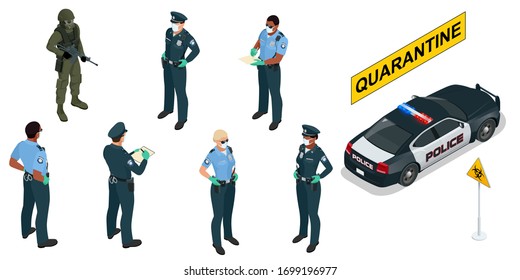 Isometric police officers in medical masks and gloves. Quarantine Control. Coronavirus Prevention. Police characters and police car.