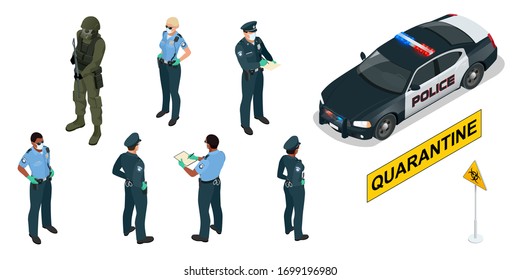 Isometric police officers in medical masks and gloves. Quarantine Control. Coronavirus Prevention. Police characters and police car.