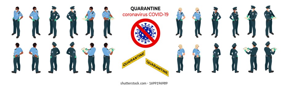 Isometric police officers in medical masks and gloves. Quarantine Control. Coronavirus Prevention. Police characters