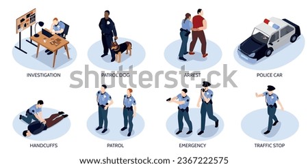 Isometric police set of isolated circle compositions showing officers into everyday work with editable text captions vector illustration