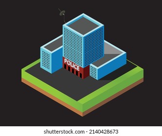 isometric police station,department building, low polygonal vector icon,  isolated on black background.