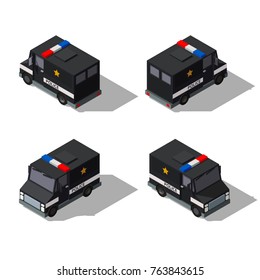 isometric police van. Vector illustration of armored special forces vehicle.