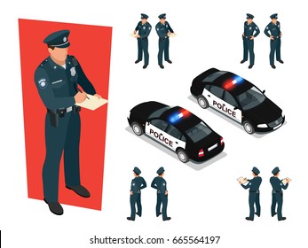 Oficial de policía isométrico con uniforme y coche de policía. Ilustración vectorial aislada en fondo blanco. Oficial de policía de emergencia en la calle de conducción