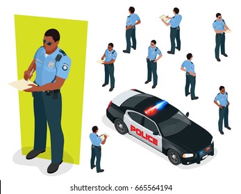 Isometric police-officer in uniform and police-car. Vector illustration Isolated on white background. Police officer emergency service car driving street