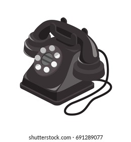 Isometric Polished Drawing Of Black Old Telephone Icon