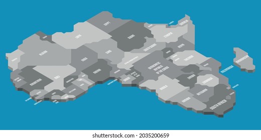 Isometric political map of Africa. Grey land with country name labels on blue sea and ocean background. 3D vector illustration