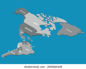 Isometric political map of Americas. Colorful land with country name labels on white background. 3D vector illustration