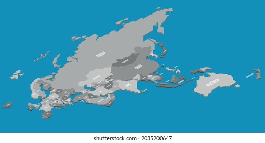Isometric political map of Eurasia and Australia. Grey land with country name labels on blue sea and ocean background. 3D vector illustration