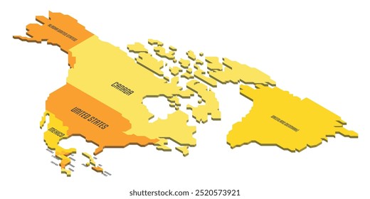 Mapa político isométrico da América do Norte. Terra colorida com rótulos de nome de país no fundo branco. Ilustração de vetor 3D