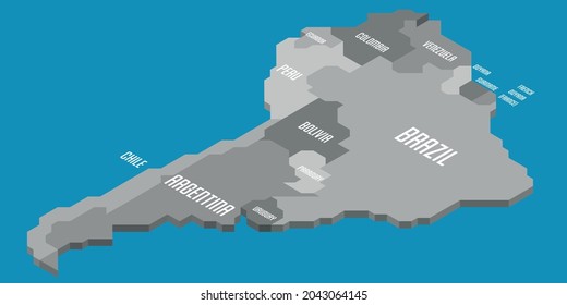 Isometric political map of South America. Grey land with country name labels on blue sea and ocean background. 3D vector illustration