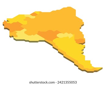 Isometric political map of South America. Colorful blank map on white background. 3D vector illustration