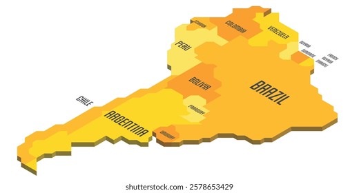 Isometric political map of South America. Colorful land with country name labels on white background. 3D vector illustration