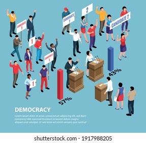 Isometric political systems background with characters of people holding placards with candidates names and bar charts vector illustration