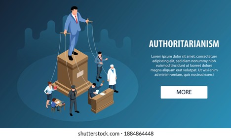 Isometric political systems horizontal banner with button editable text and marionette people representing branches of power vector illustration