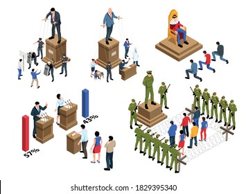 Isometric political systems set with isolated characters of famous political figures with voters and armed forces vector illustration