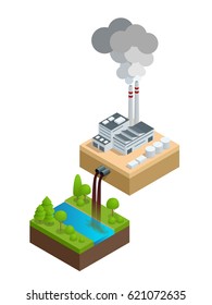 Isometric Pollution of the environment concept. The plant pours dirty water into the river, the pipes smoke and pollute the air. Let's save the Earth. For infographics and design 