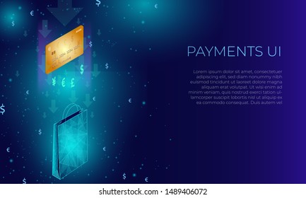 Isometric polugonal concept of paying by credit card and getting presents, gifts and other goods. Blue template for website. Ux Ux. 3d consumerism.