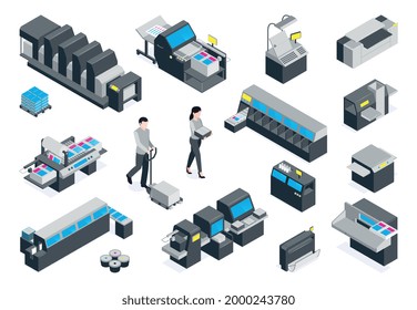 Isometric polygraphy color colored icon set with folding machine setting and printing folding machine and other descriptions vector illustration