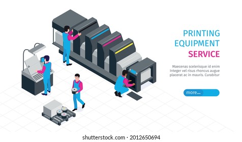 Isometric polygraphy horizontal banner with printing equipment service headline and more button vector illustration