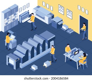 Isometric polygraphy house composition with indoor view of production department with machinery computers and staff members vector illustration