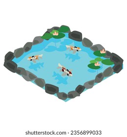 isometric pond lined with stones with carps and water lilies in Japanese style. Open illustration isolated on white background.