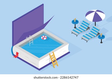 Isometric Pool Book concept for book lover showing depth in knowledge, vacation, holiday and summer together.