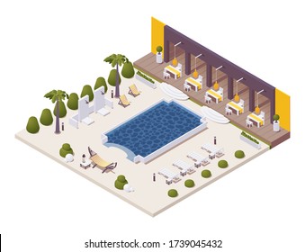 Isometric pool near the restaurant at beach resort with sunbeds, outdoor shower, palm trees