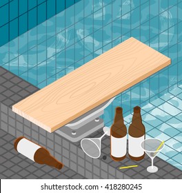 isometric pool party colorful illustration beer glasses cocktail drunk chill summer