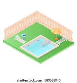 Isometric Pool. A place to rest. Two sun beds, parasol, table and laptop. Wooden fence. Blue water. Leisure during vacations and travel. Vector illustration.