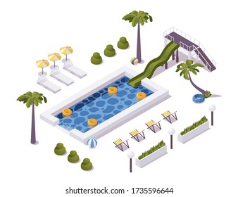 Isometric pool scene with palm trees, water slide, deck chairs. For hotels, cottages, water and aqua park