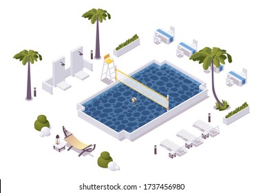 Isometric pool with water volleyball net in a hotel, aquapark, villa. Scene good for outdoor design