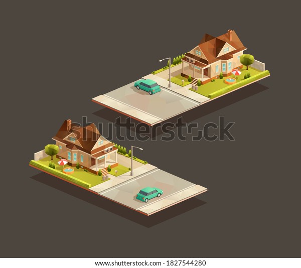 Isometric poor family house with\
sedan car on street. Low poly suburban vector\
illustration