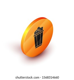 Isometric Popcorn in cardboard box icon isolated on white background. Popcorn bucket box. Orange circle button. Vector Illustration