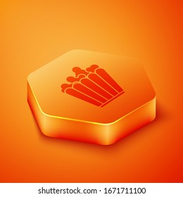 Isometric Popcorn in cardboard box icon isolated on orange background. Popcorn bucket box. Orange hexagon button. Vector Illustration