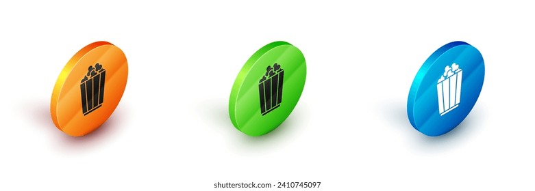 Isometric Popcorn in cardboard box icon isolated on white background. Popcorn bucket box. Circle button. Vector