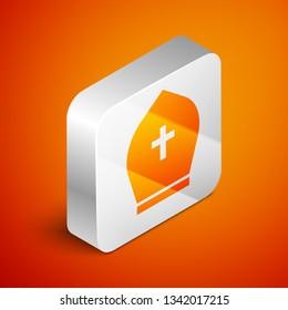 Isometric Pope hat icon isolated on orange background. Christian hat sign. Silver square button. Vector Illustration