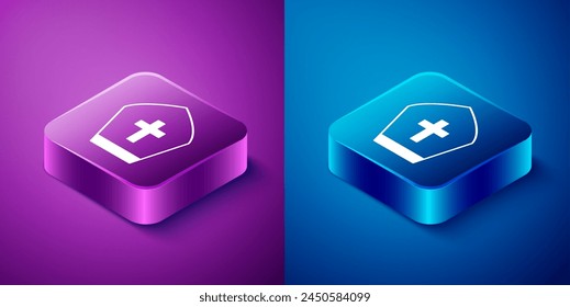 Isometric Pope hat icon isolated on blue and purple background. Christian hat sign. Square button. Vector