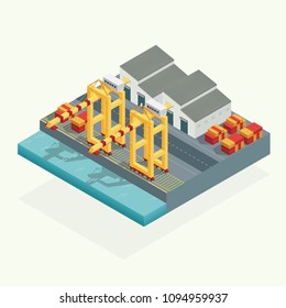 Isometric, Port cargo crane and warehouse container in the ocean transportation. illustration vector