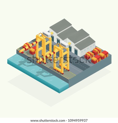 Isometric, Port cargo crane and warehouse container in the ocean transportation. illustration vector