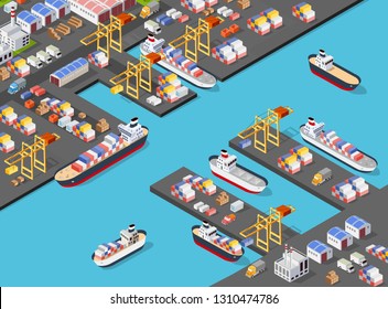 Isometric port cargo ship cargo seaport at sea with crane container transport vessel logistic illustration