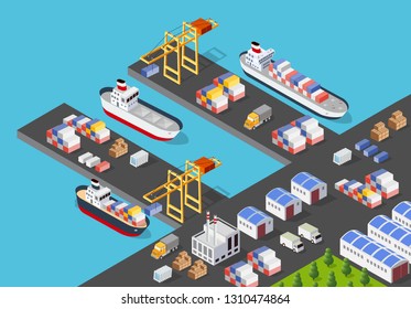 Isometric port cargo ship cargo seaport at sea with crane container transport vessel logistic illustration