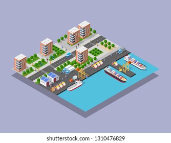 Isometric port cargo ship cargo seaport at sea with crane container transport vessel logistic illustration