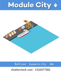 Isometric port cargo ship cargo seaport at sea with crane container transport vessel logistic illustration