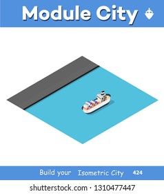 Isometric port cargo ship cargo seaport at sea with crane container transport vessel logistic illustration