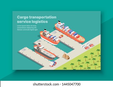 Isometric port cargo ship seaport at sea with crane container transport vessel logistic illustration