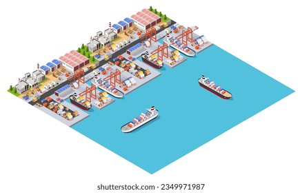 Isometric port cargo ship cargo seaport at sea with crane container transport vessel logistic 3D illustration