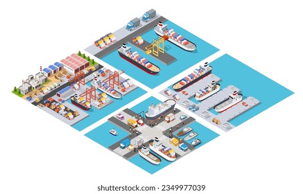 Isometric port cargo ship cargo seaport at sea with crane container transport vessel logistic illustration