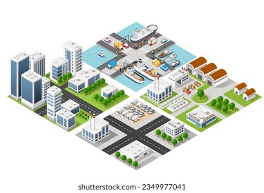 Isometric port cargo ship cargo seaport at sea with crane container transport vessel logistic illustration